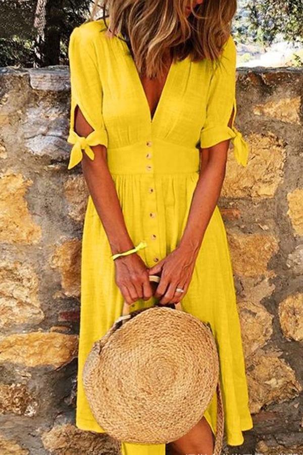 Casual V Neck Lace Button Midi Dress