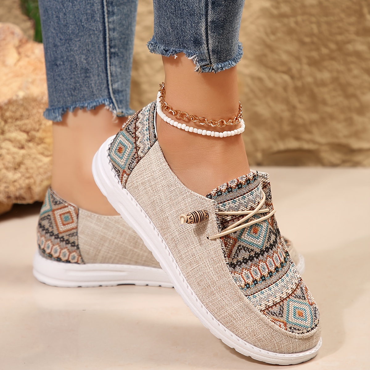 Womens Ethnic Charm Sneakers - Vibrant Prints, Comfortable Lace-Up, Lightweight for Outdoor Fun, Low-Top Canvas Style